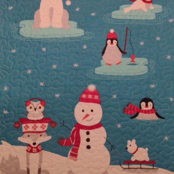 Frosty Friends! New Handmade Winter Scene Child Size / Wall Quilt - 21" X 41" - Picture 2 of 11